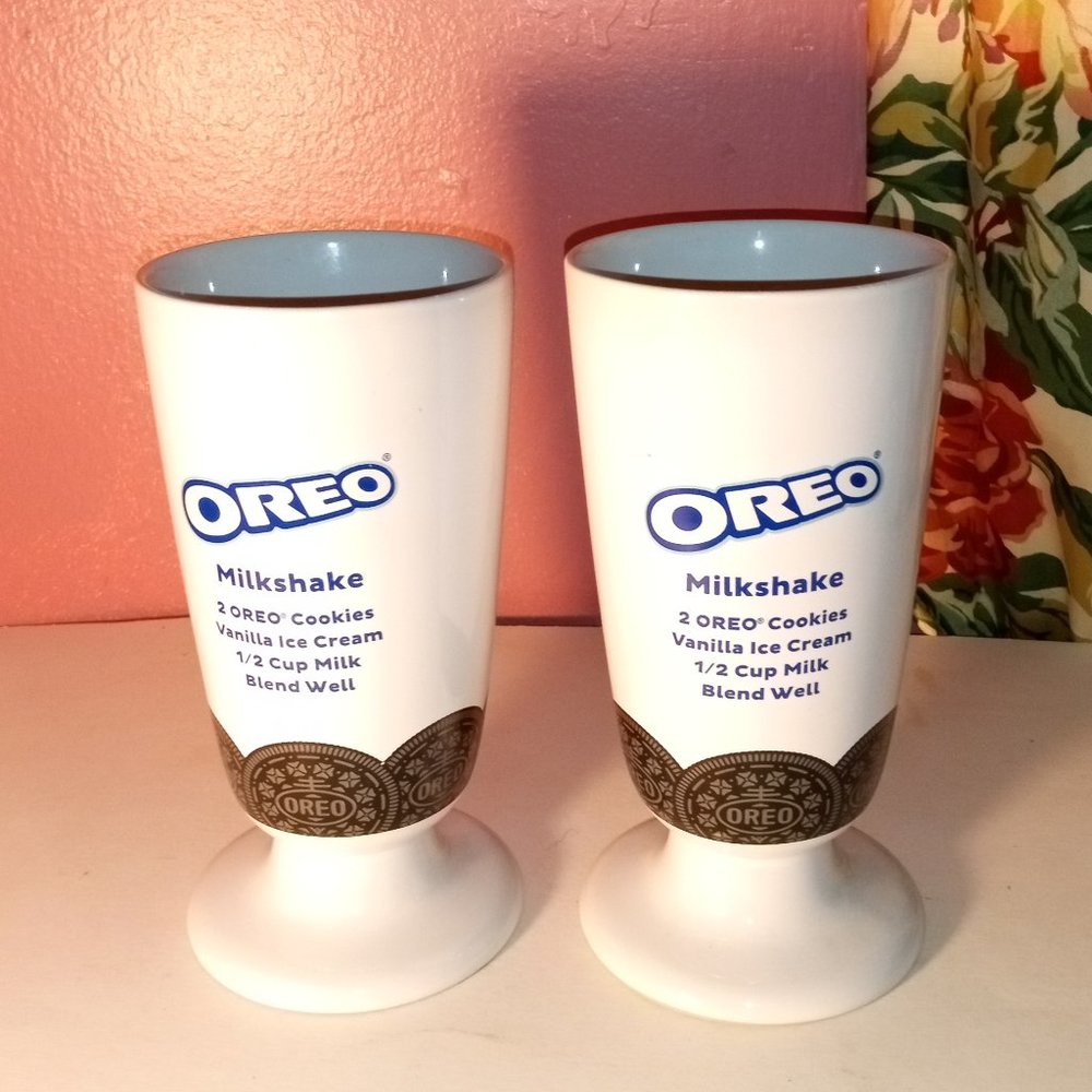 2 Oreo milkshake recipe glasses mugs cups Embossed ceramic ice cream for 2